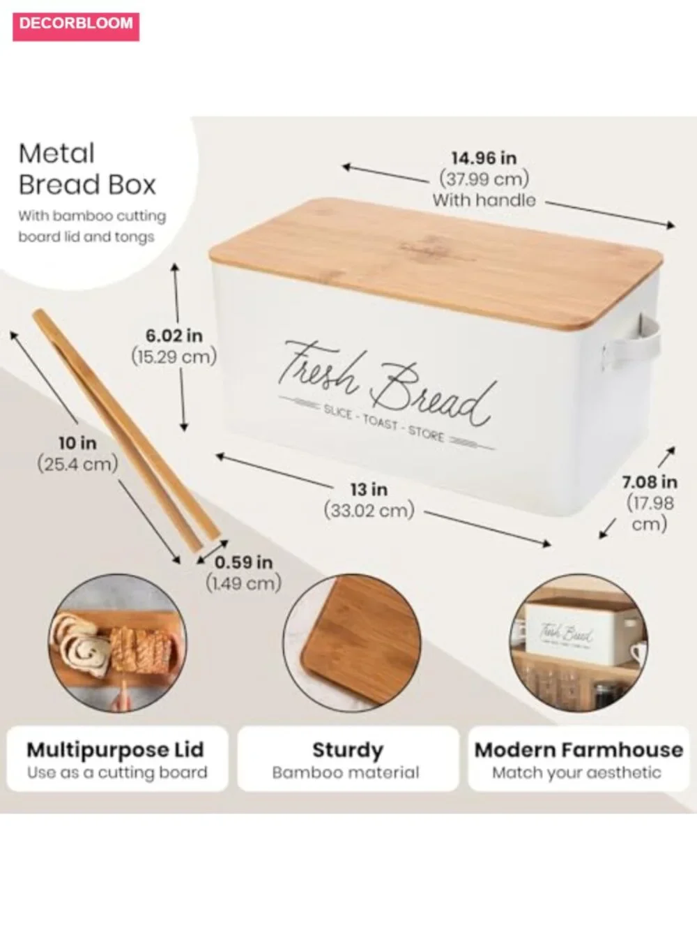 White Metal Bread Box with Wood Cutting Board Lid and Side Handles